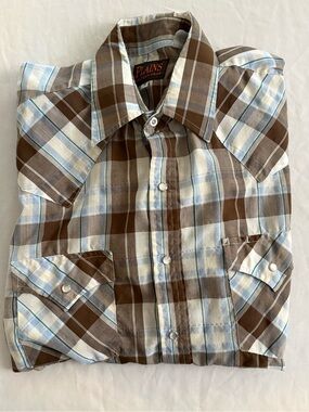 Plains Western Wear brown &  light blue plaid pearl-snap  western shirt Sz M